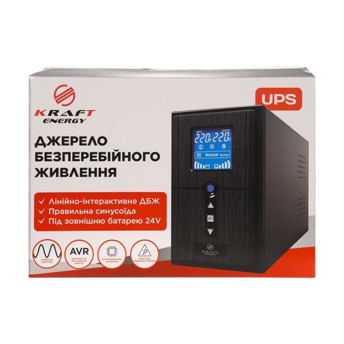 Джерело безперебійного живлення Kraft KRF-PSW1000VA/800W(LCD)24V UPS під зовнішній акумулятор