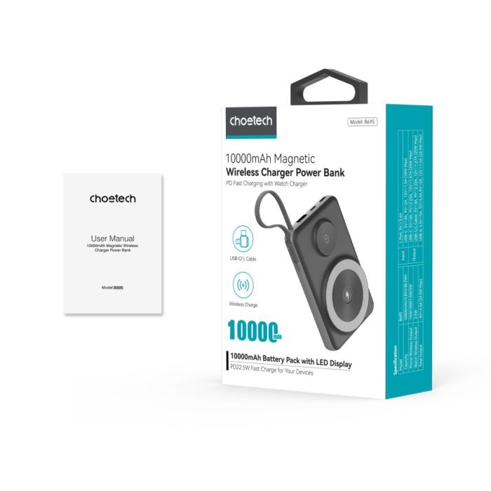 Повербанк 10000mAh Choetech B695 Black QC3.0 PD3.0 бездротова зарядка смартфонів та Apple Watch