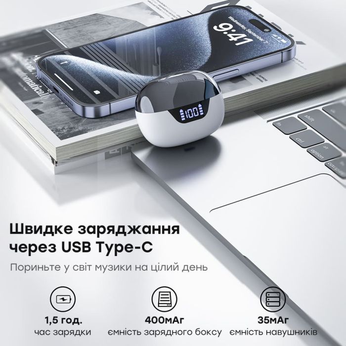 Бездротові навушники Choetech BH-T60 White TWS, Bluetooth 5.3, ANC+ENC, LED-дисплей