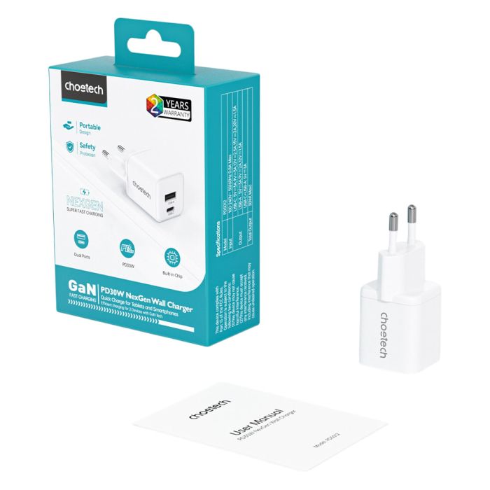 Мережевий зарядний пристрій Choetech PD5012 mini PD30W GAN A+C White