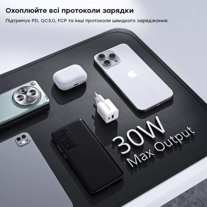 Мережевий зарядний пристрій Choetech PD5012 mini PD30W GAN A+C White