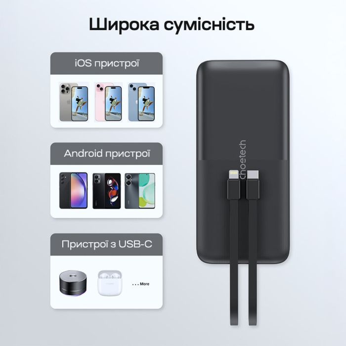 Повербанк 10000mAh Choetech B654 Black 22.5W QC3.0 PD3.0 вбудовані кабелі Type-C та Lightning