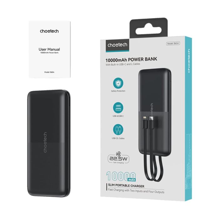 Повербанк 10000mAh Choetech B654 Black 22.5W QC3.0 PD3.0 вбудовані кабелі Type-C та Lightning