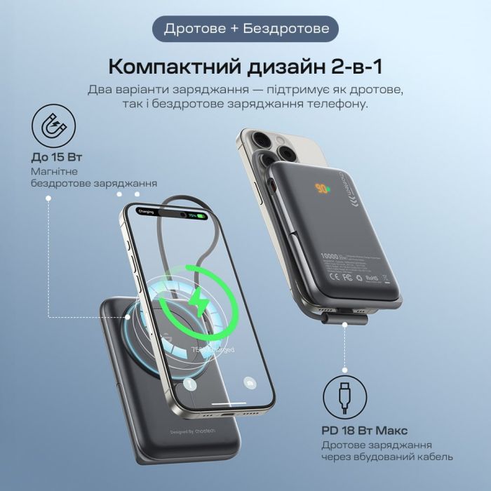 Повербанк 10000mAh Choetech B735 Black QC3.0 PD3.0 бездротова магнітна зарядка, вбудований кабель, підставка