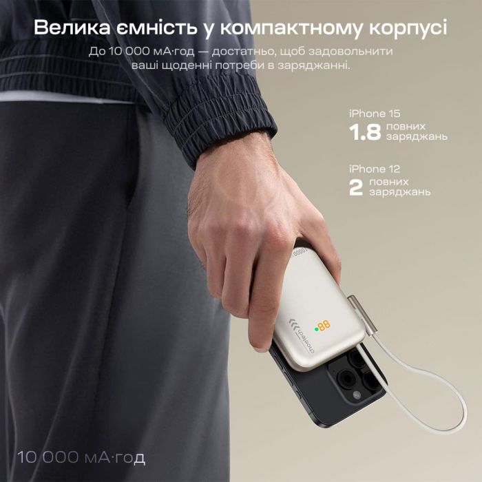 Повербанк 10000mAh Choetech B735 White QC3.0 PD3.0 бездротова магнітна зарядка, вбудований кабель, підставка