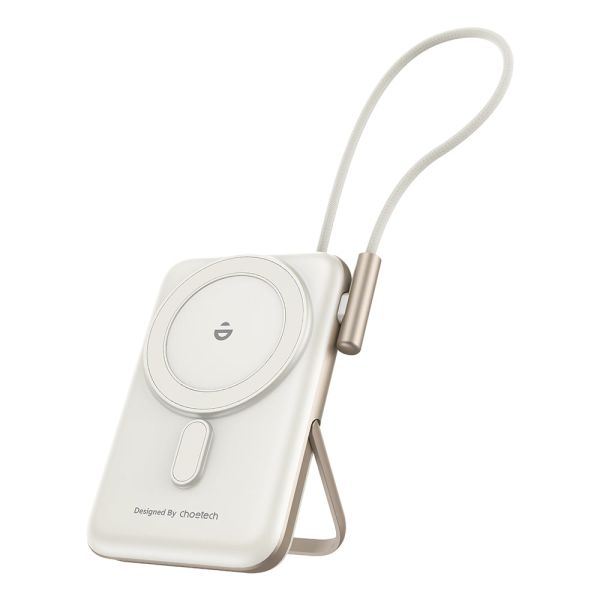 Повербанк 10000mAh Choetech B735 White QC3.0 PD3.0 бездротова магнітна зарядка, вбудований кабель, підставка