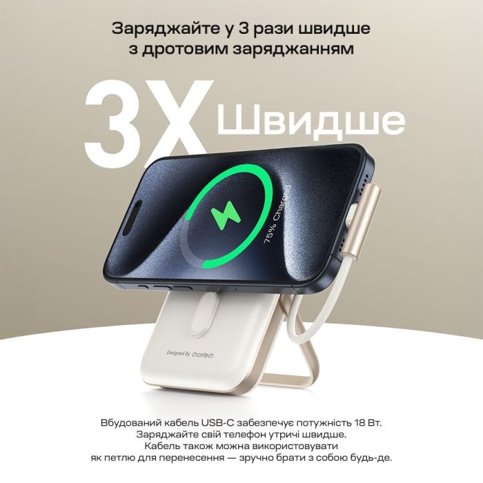 Повербанк 10000mAh Choetech B735 White QC3.0 PD3.0 бездротова магнітна зарядка, вбудований кабель, підставка
