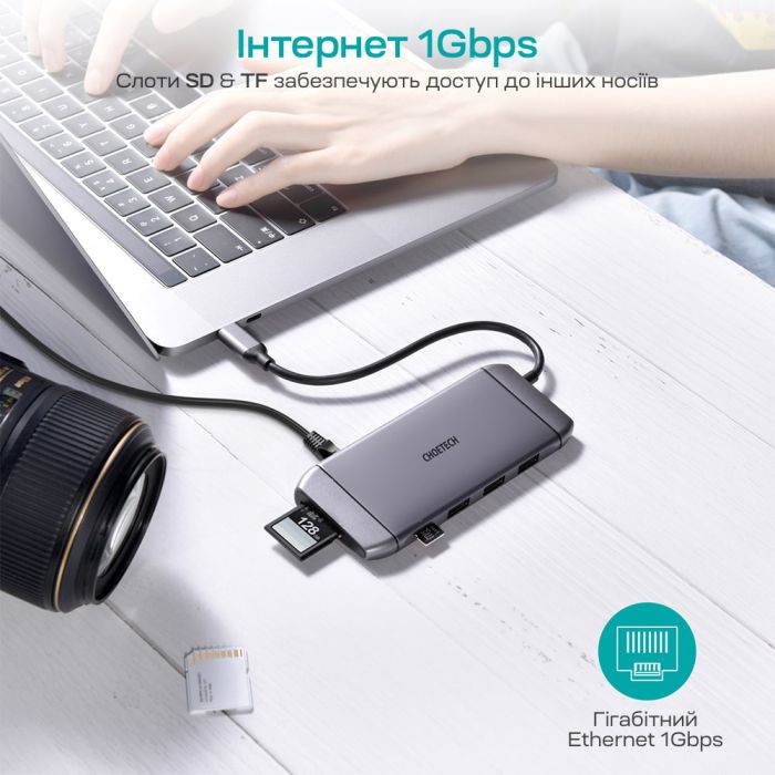 USB-C хаб 9-в-1 Choetech M15 HDMI 4K@30Hz, VGA, 3 USB3.0, RJ45, USB-C PD, SD-card, TF-card