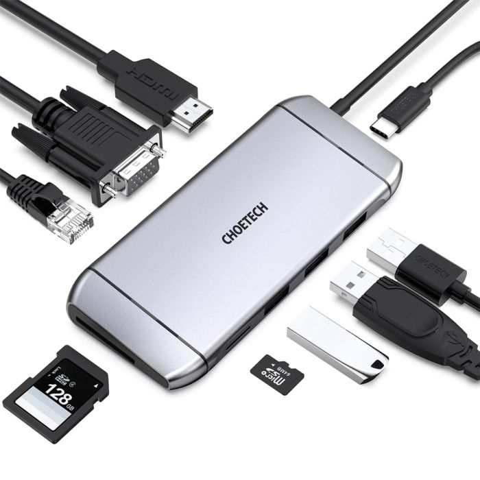 USB-C хаб 9-в-1 Choetech M15 HDMI 4K@30Hz, VGA, 3 USB3.0, RJ45, USB-C PD, SD-card, TF-card
