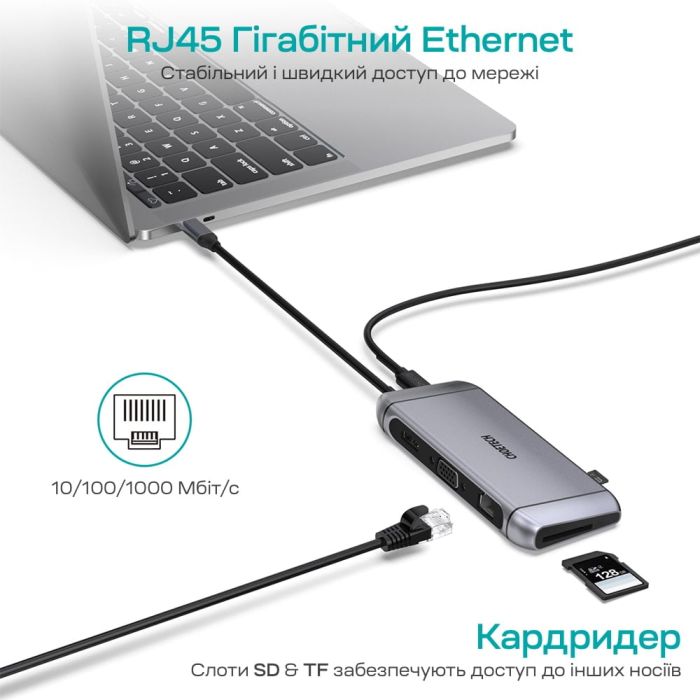 USB-C хаб 9-в-1 Choetech M15 HDMI 4K@30Hz, VGA, 3 USB3.0, RJ45, USB-C PD, SD-card, TF-card