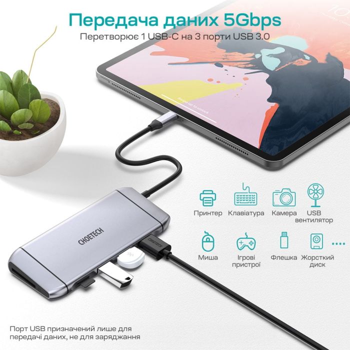 USB-C хаб 9-в-1 Choetech M15 HDMI 4K@30Hz, VGA, 3 USB3.0, RJ45, USB-C PD, SD-card, TF-card