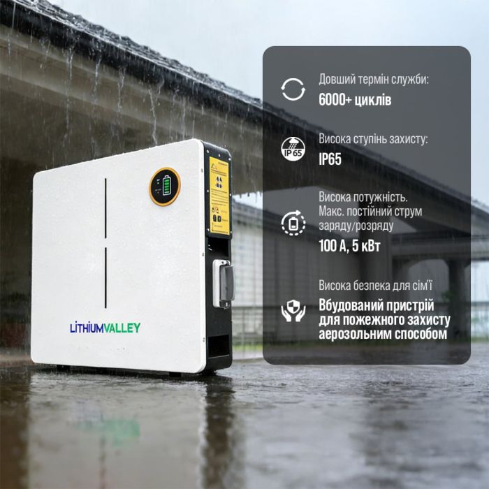 Акумуляторна батарея літій-залізо-фосфатна LiFePO4 100А*год 51.2В 5120Вт*год Lithium Valley LV-BAT-W5.12Ac настінний монтаж