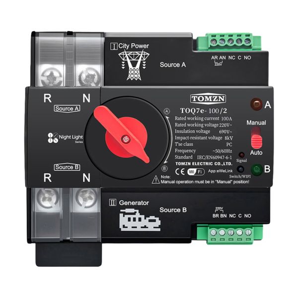 Автоматичний перемикач (АВР) під DIN-рейку з Wi-Fi TOMZN TOQ7e-100/2P 100A 2 полюси