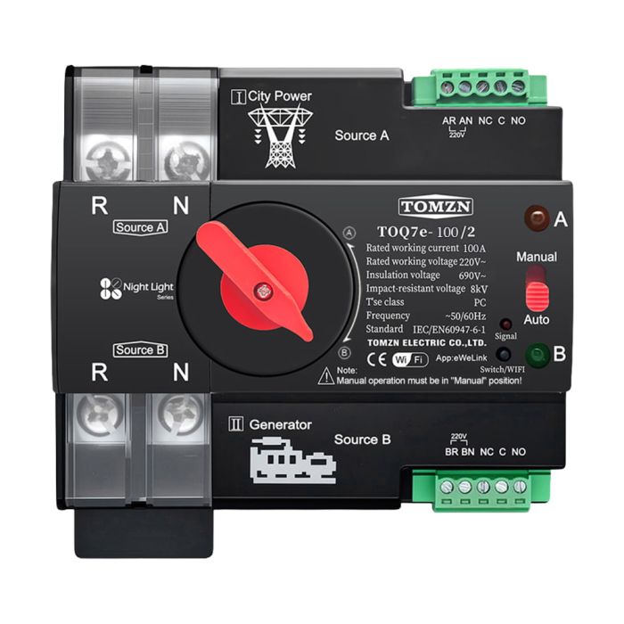 Автоматичний перемикач (АВР) під DIN-рейку з Wi-Fi TOMZN TOQ7e-100/2P 100A 2 полюси