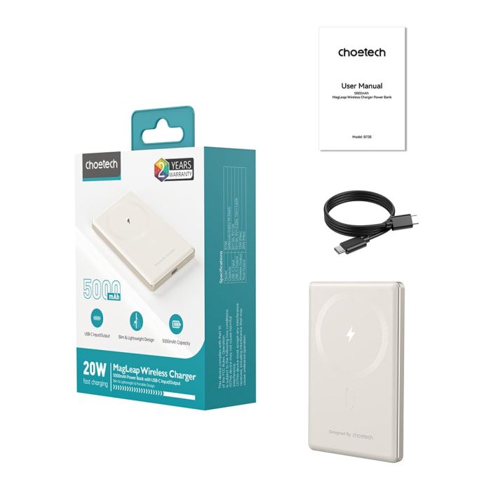 Повербанк 5000mAh Choetech B738 White QC3.0 PD3.0 бездротова магнітна зарядка