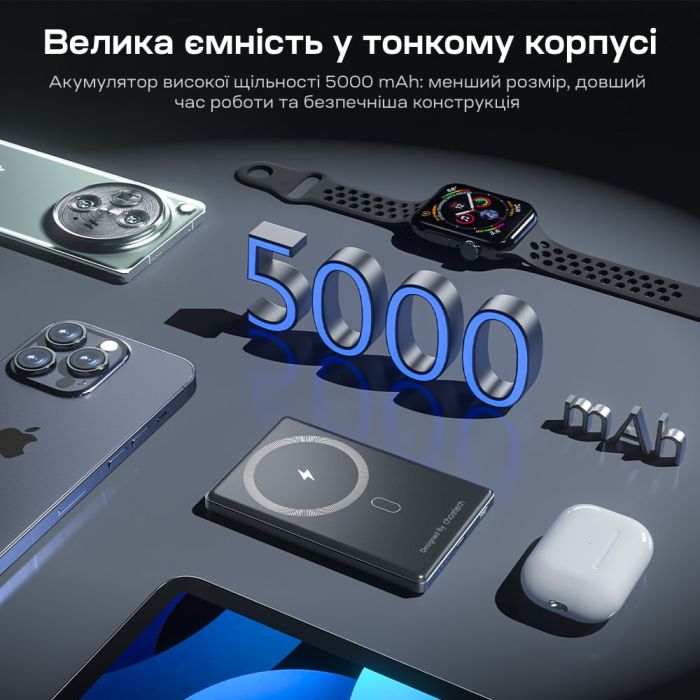 Повербанк 5000mAh Choetech B738 Black QC3.0 PD3.0 бездротова магнітна зарядка
