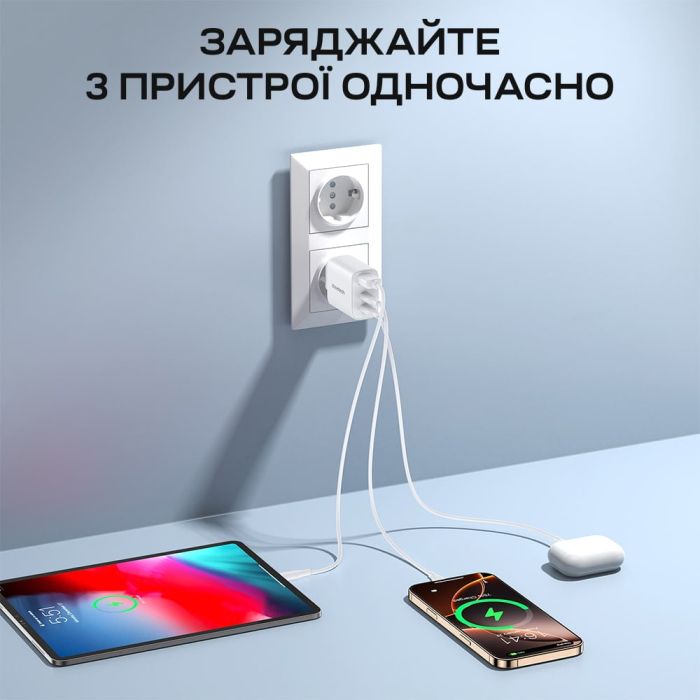 Мережевий зарядний пристрій Choetech PD3046 PD30W GAN USB-A+2xUSB-C White