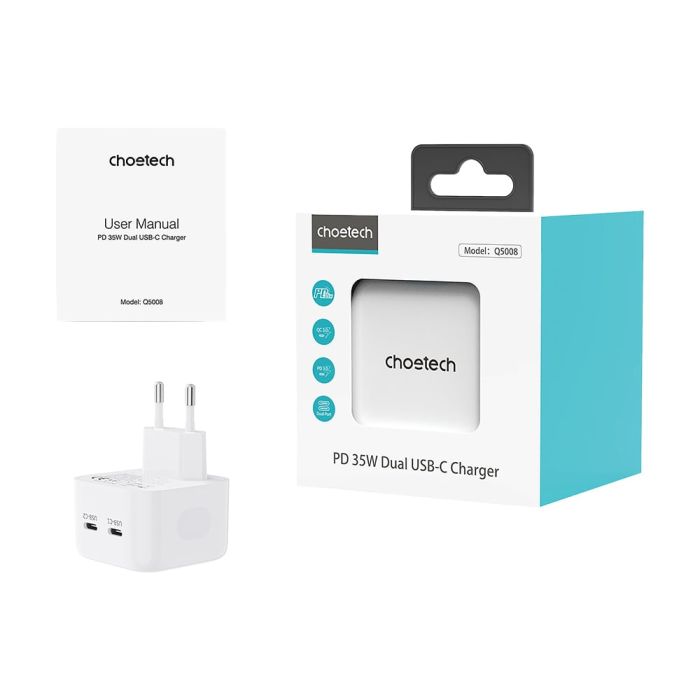 Мережевий зарядний пристрій Choetech Q5008 PD35W 2xUSB-C White