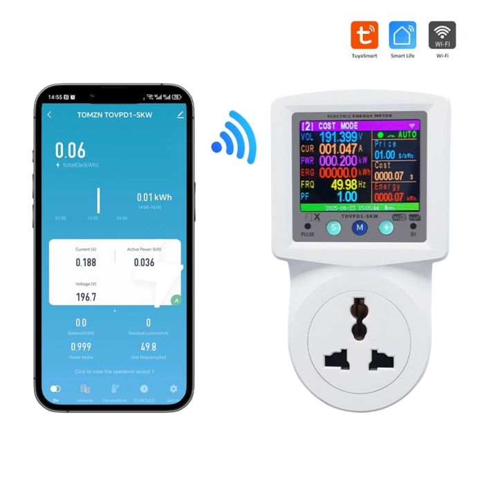 Розумна розетка з реле контролю напруги, струму, потужності з Wi-Fi (Tuya) TOMZN TOVPD1-SKW Universal+EU 16A, моніторинг енергоспоживання