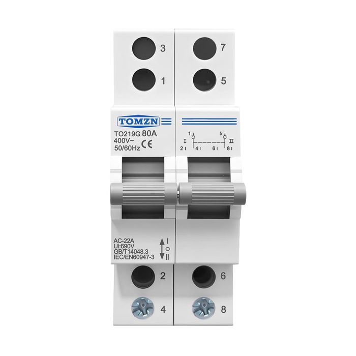 Перемикач введення резерву ручний трипозиційний під DIN-рейку TOMZN TO219G 80A I-0-II 2 полюси