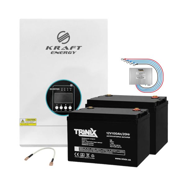 Комплект резервного живлення: гібридний інвертор Kraft 3 кВт + АКБ 100 Ah 12V TRINIX AGM 2 шт.