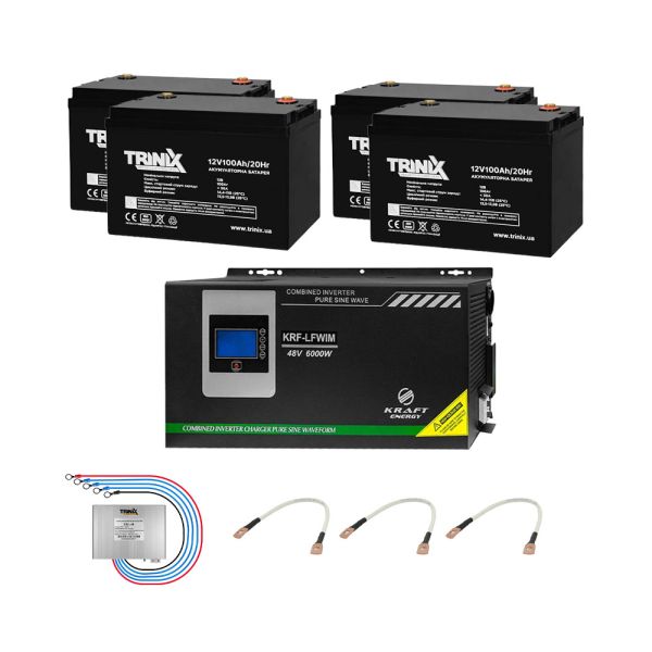 Комплект резервного живлення: гібридний інвертор на 6kW Kraft + 4 шт. 12В 100Аг Trinix 12V100Ah/20Hr AGM