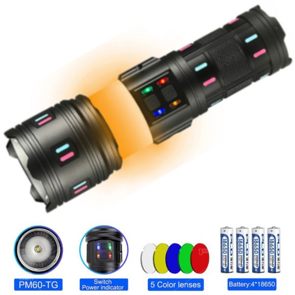 Ліхтар NIGHT VISION FLUORESCENCE AK178-1-WHITE LASER LED PM60-TG+COB, 4x18650, Power Bank, ЗП Type-C, zoom, 5 фільтрів