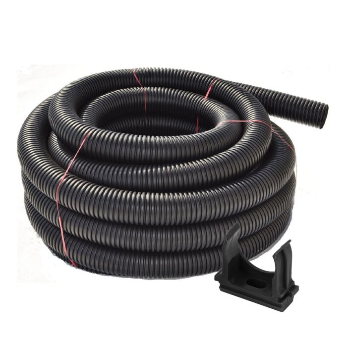 Комплект: гофротруба стандартна ДКС ПВД D 32 (25 м) чорна + кліпси для гофри 32 мм (50 шт/уп) чорні