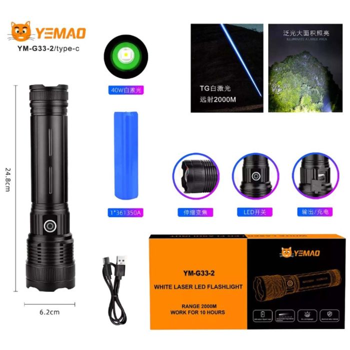 Фонарь YEMAO YM-G33-2 TG 40W, 3x361350, ЗУ Type-C, zoom