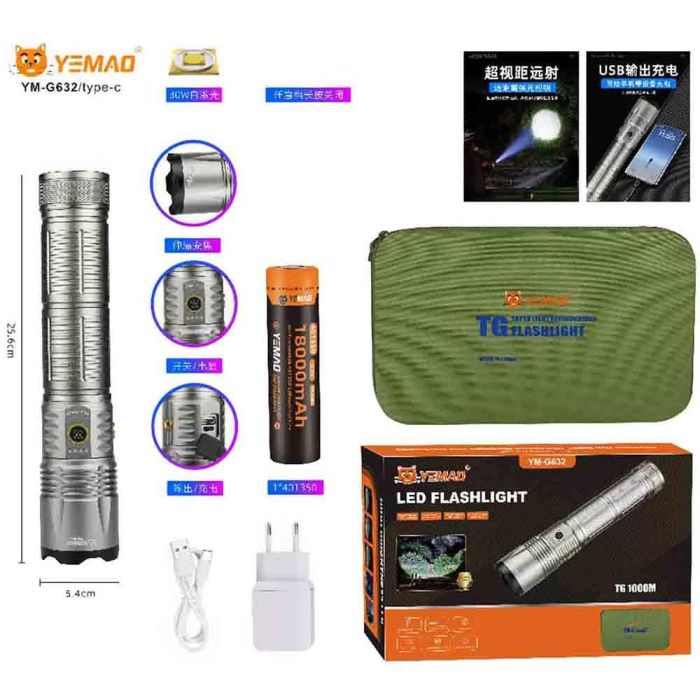 Фонарь YEMAO YM-G632 TG 30W, 1x401350, Power Bank, ЗУ Type-C, zoom, кейс