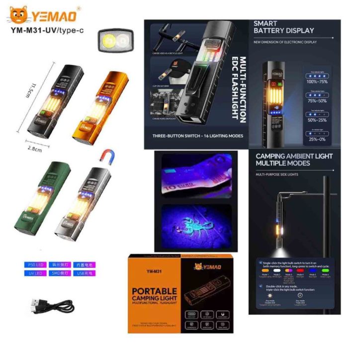 Фонарь YEMAO YM-M31-UV P50+UV+SMD(RGB), Li-Ion аккумулятор, ЗУ Type-C, магнит, зажим
