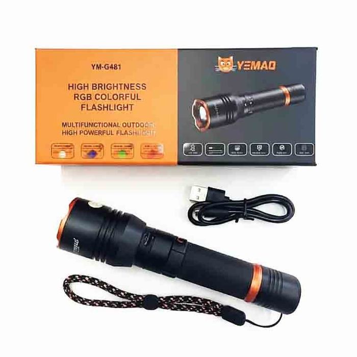 Фонарь YEMAO YM-G481 4LED(Red+Green+Blue+White), Li-Ion аккумулятор, ЗУ Type-C, zoom