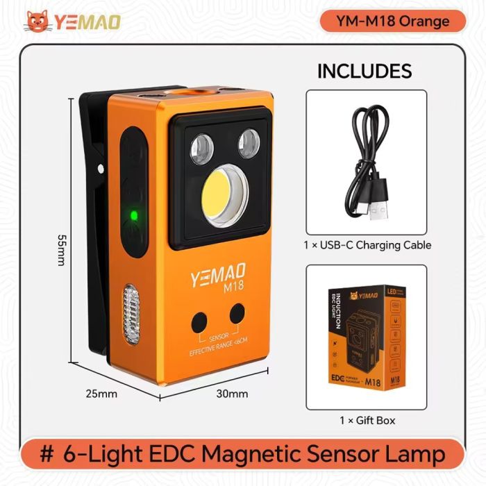 Фонарь YEMAO YM-M18 TG+2UV+SMD(RGB), Motion Sensor , Li-Ion аккумулятор, ЗУ Type-C, магнит, клипса