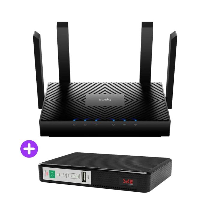 Комплект безперебійного зв’язку: WiFi 6 Mesh-маршрутизатор Cudy WR3000 + Mini UPS SKE POE-432N 8800mAh 5V/9V/12V/15V/24V/PoE, Li-ion 4*2.2Ah