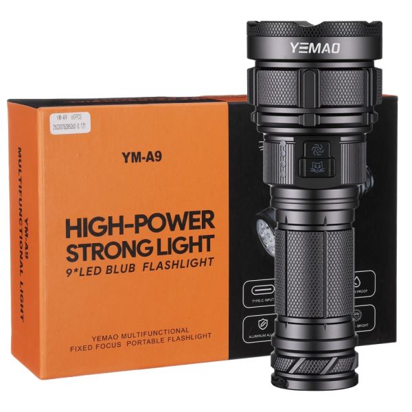 Ліхтар YEMAO YM-A9 9LED, 2x26650, Power Bank, ЗУ Type-C, ковпачок, 3 фільтри