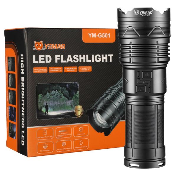 Фонарь YEMAO YM-G501-60W TG 60W, 4x18650, Power Bank, ЗУ Type-C, zoom, кейс