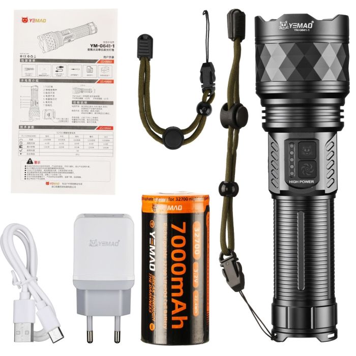 Фонарь YEMAO YM-G641-1 TG 60W, 1x32700, Power Bank, ЗУ Type-C, zoom, кейс