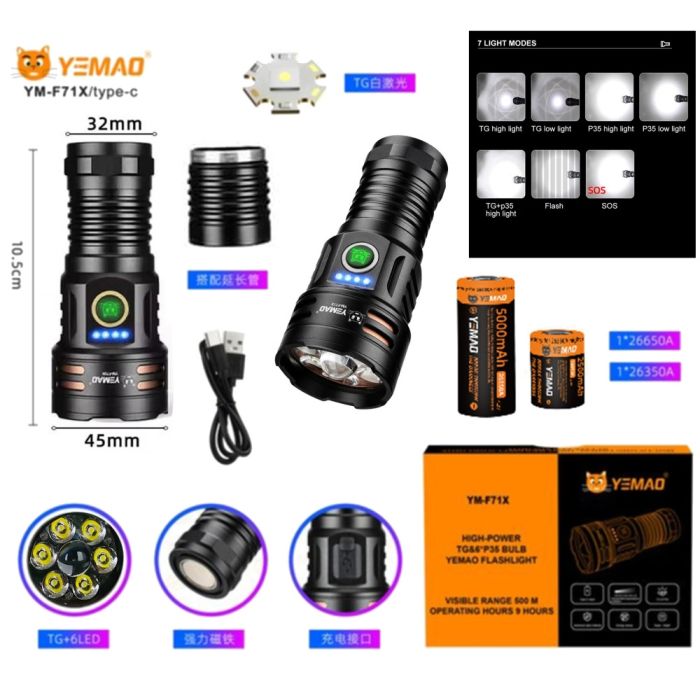 Фонарь YEMAO YM-F71X-TG+6P35, 1x26650/26350, ЗУ Type-C, магнит, IP55