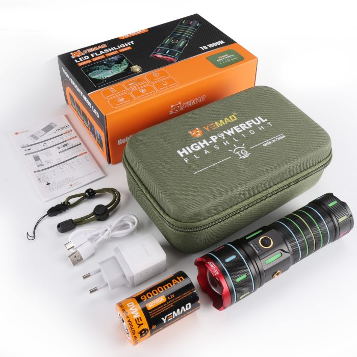 Тактический фонарь YEMAO YM-G634-1, 2500LM, аккумулятор 40700 (9000 mAh), чехол, блок питания