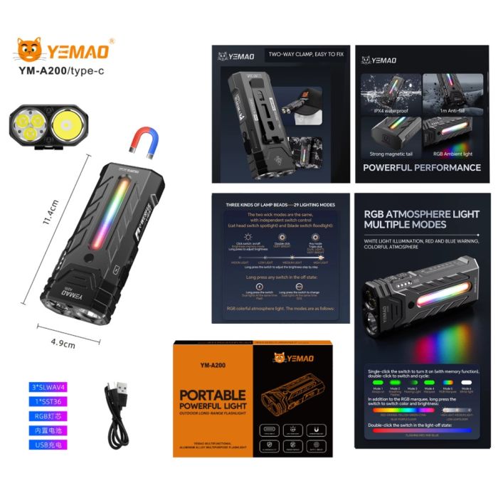 Фонарь YEMAO YM-A200-3SLWAV4+SST36+RGB, Li-Ion аккумулятор, ЗУ Type-C, магнит