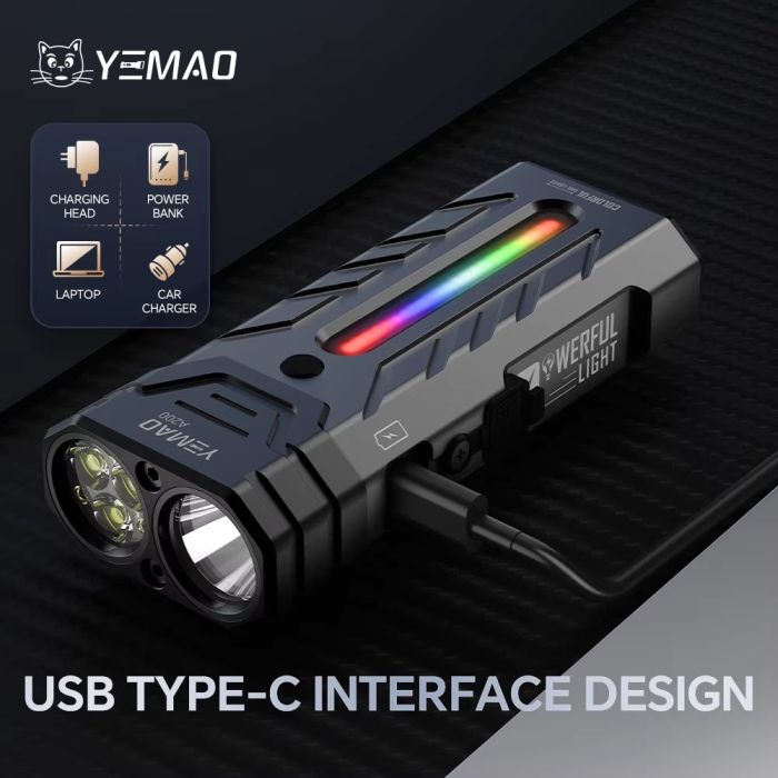Фонарь YEMAO YM-A200-3SLWAV4+SST36+RGB, Li-Ion аккумулятор, ЗУ Type-C, магнит