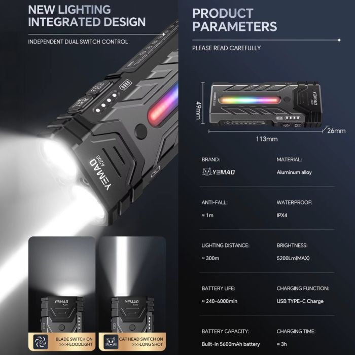 Фонарь YEMAO YM-A200-3SLWAV4+SST36+RGB, Li-Ion аккумулятор, ЗУ Type-C, магнит