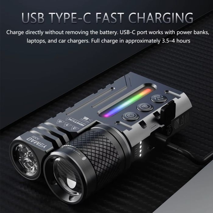 Фонарь YEMAO YM-A300-SFT12R+3x3535+RGB, Li-Ion аккумулятор, ЗУ Type-C, zoom