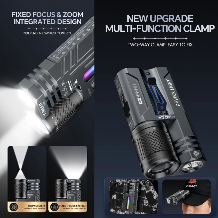 Фонарь YEMAO YM-A300-SFT12R+3x3535+RGB, Li-Ion аккумулятор, ЗУ Type-C, zoom