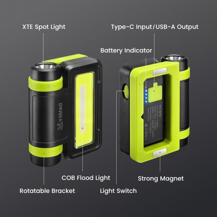 Фонарь YEMAO YM-B70-XTE+COB(white+red+blue), Li-Ion аккумулятор, Power Bank, ЗУ Type-C, магнит, IPX4