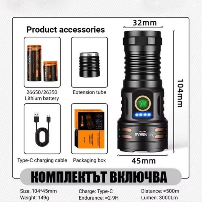 Фонарь YEMAO YM-F71X-TG+6P35, 1x26650/26350, ЗУ Type-C, магнит, IP55