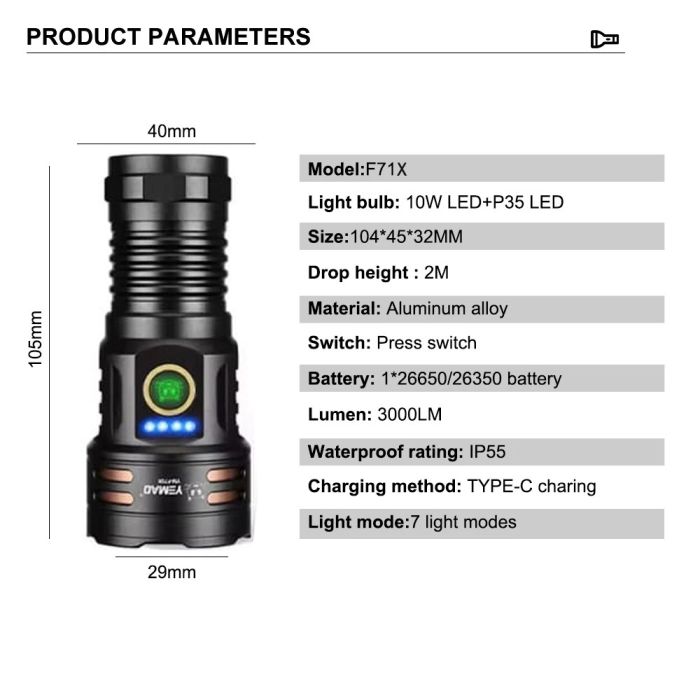 Фонарь YEMAO YM-F71X-TG+6P35, 1x26650/26350, ЗУ Type-C, магнит, IP55