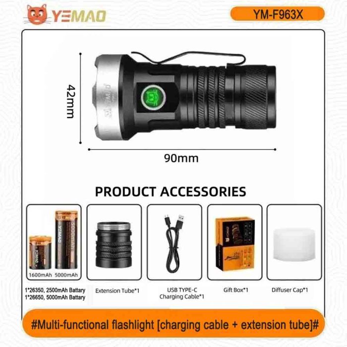 Фонарь YEMAO YM-F963X-5XTE+4XPE, multi-color light, UV, 1x26650/26350, ЗУ Type-C, магнит, колпачек
