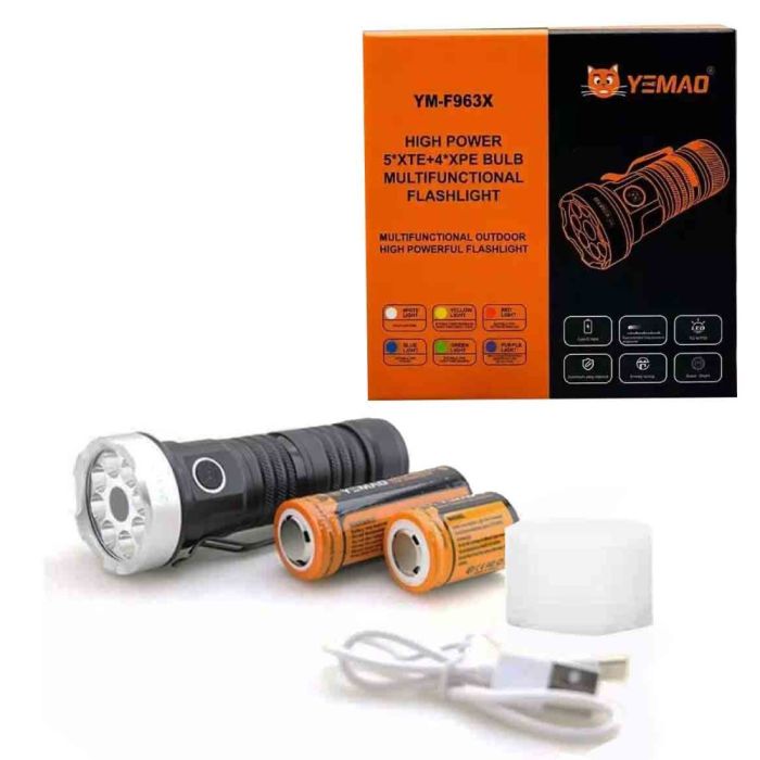 Фонарь YEMAO YM-F963X-5XTE+4XPE, multi-color light, UV, 1x26650/26350, ЗУ Type-C, магнит, колпачек