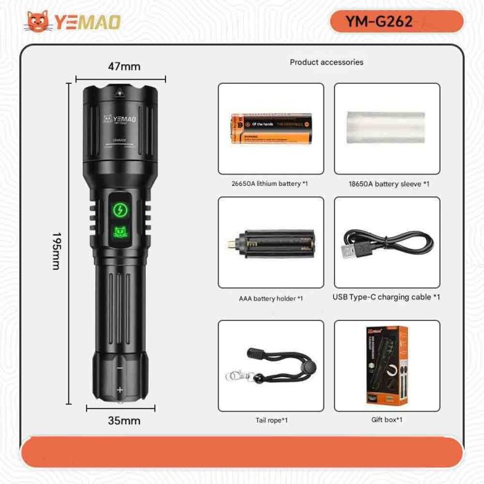 Фонарь YEMAO  YM-G262-TG+лазер(Green), 1x26650, ЗУ Type-C, zoom